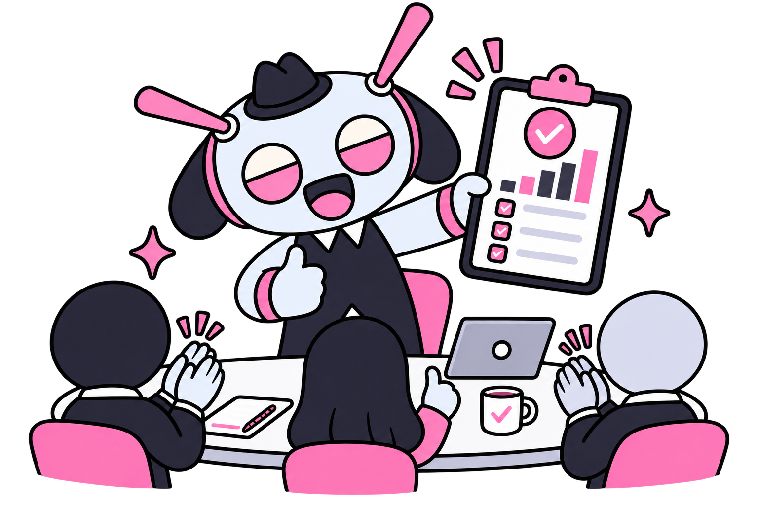 elevaite365 mascot presenting a passing test results report to a business team