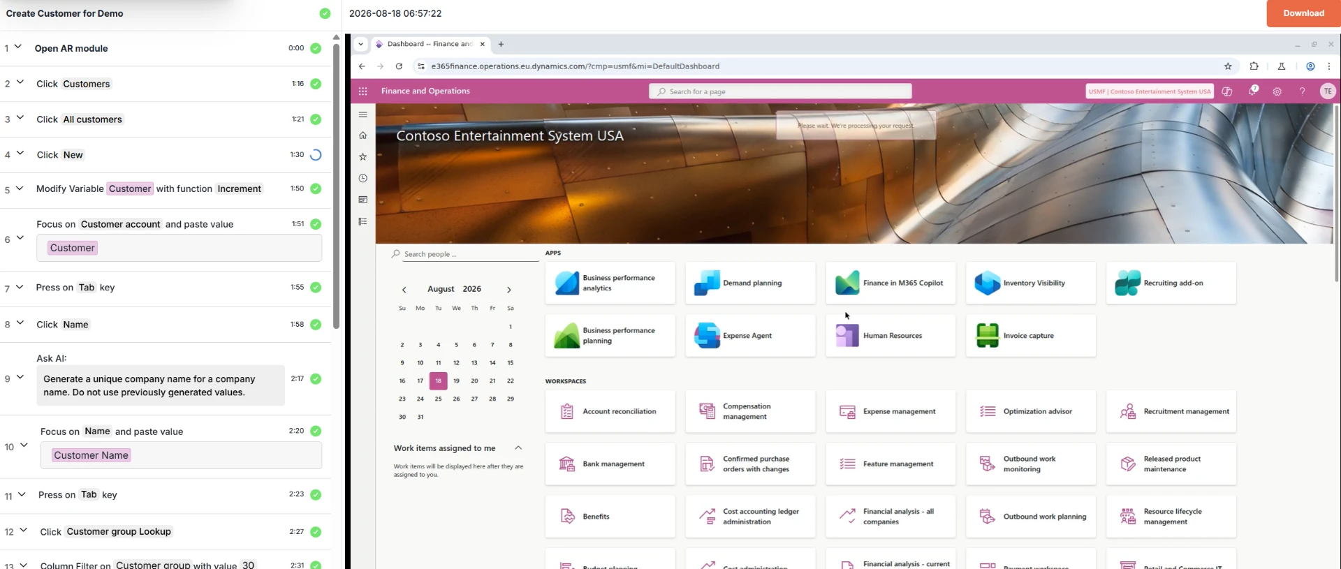 elevaite365 test results with step status and Dynamics 365 session playback