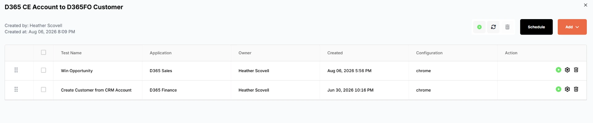 A cross-application scenario in elevaite365 linking D365 CE and D365 F&O test cases